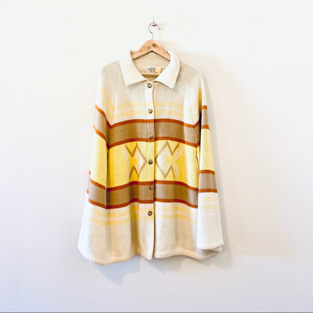 Vintage 70s sweater cape knit knitwear yellow retro one size